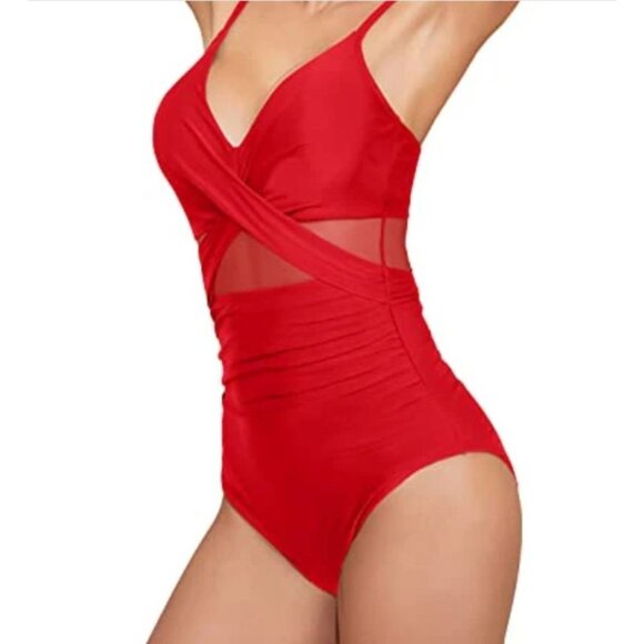 Tempt Me Womens Red One Piece Swimsuit Size XXL Ruched Tummy Control & Cutout - Picture 3 of 10